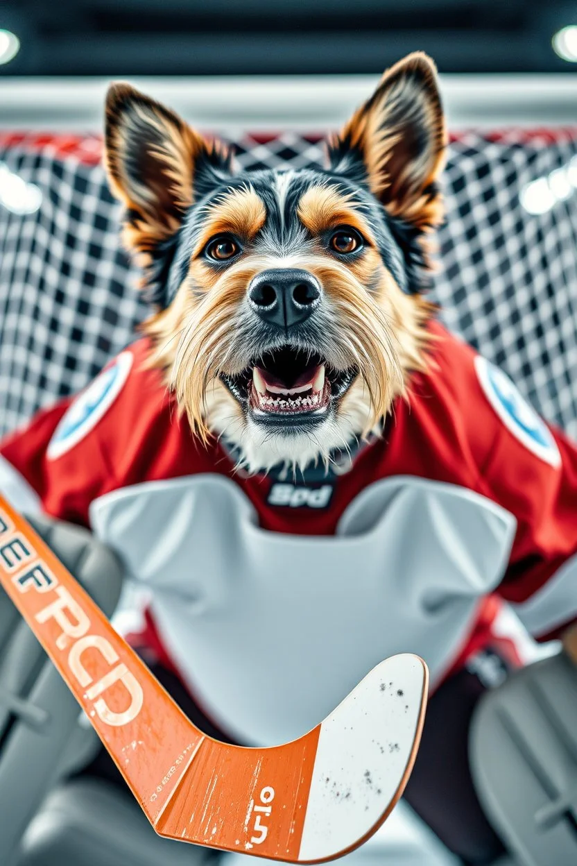 3/4 of a yorkton terriers hockey goalie in front of goal, with the head of an angry tarrier dog