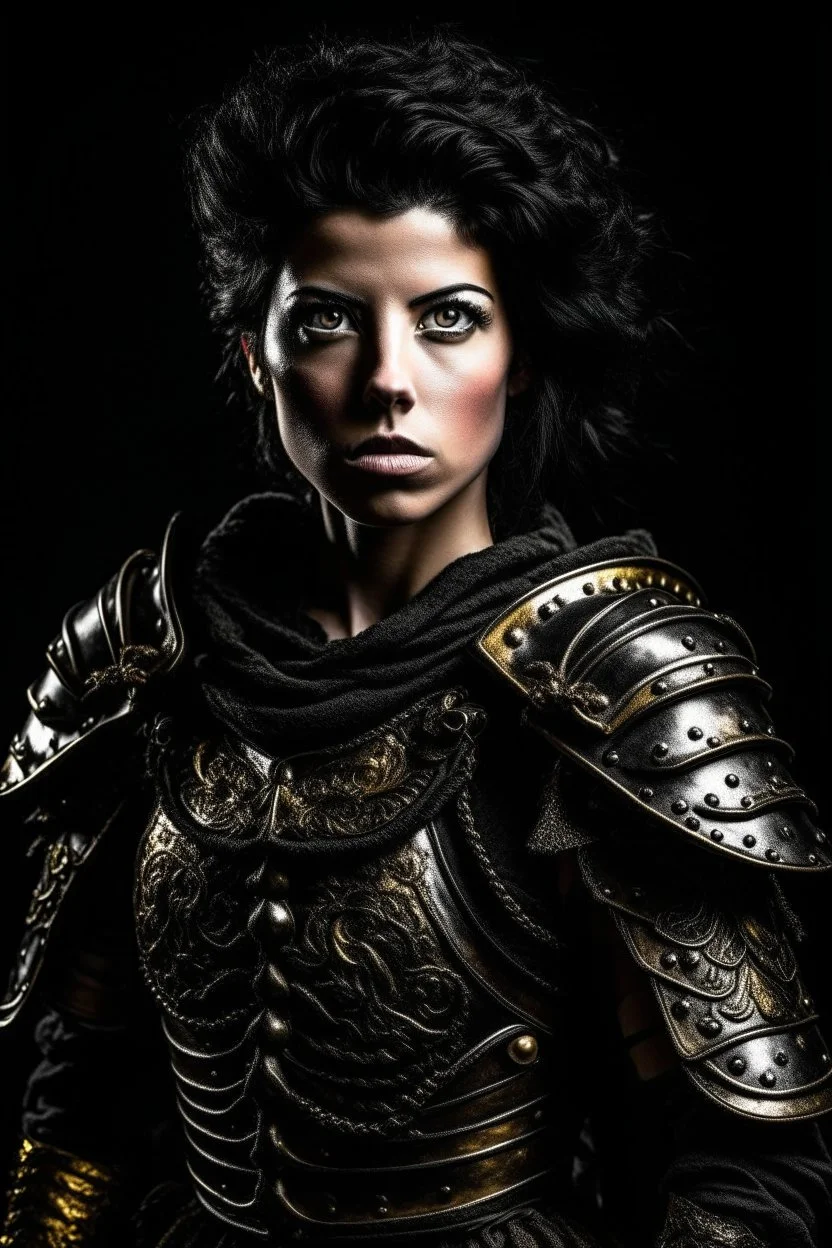 A portrait of a Warrior woman, black hair, beautiful, heavy armor, Caravaggio style