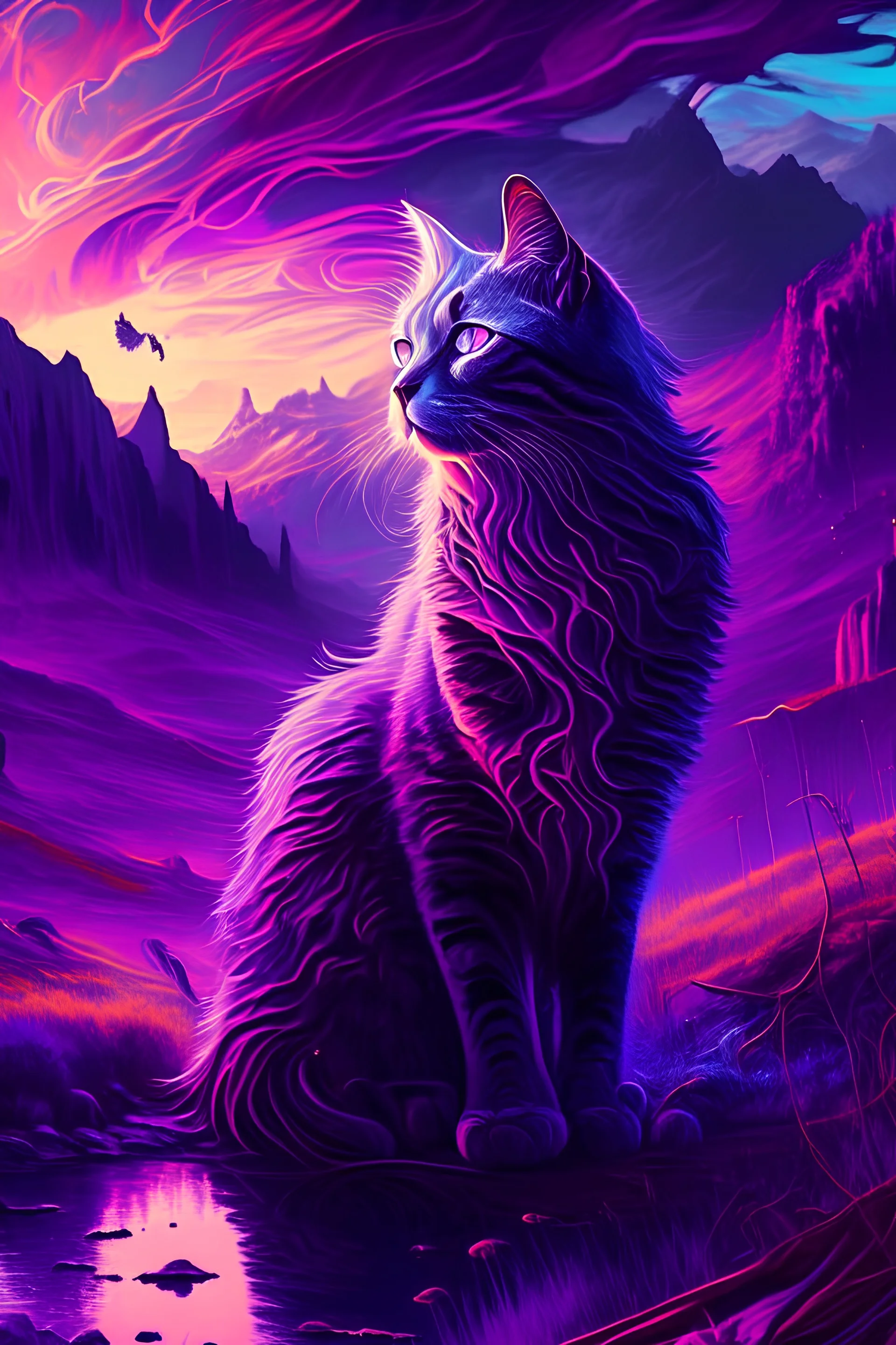 majestic cat, psychedelic, violet tones, fantasy landscape
