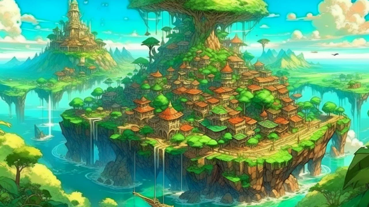 anime zelda artwork style, Highly detailed, 1 gorgeous flying island, Yggdrasil, medieval fantasy city