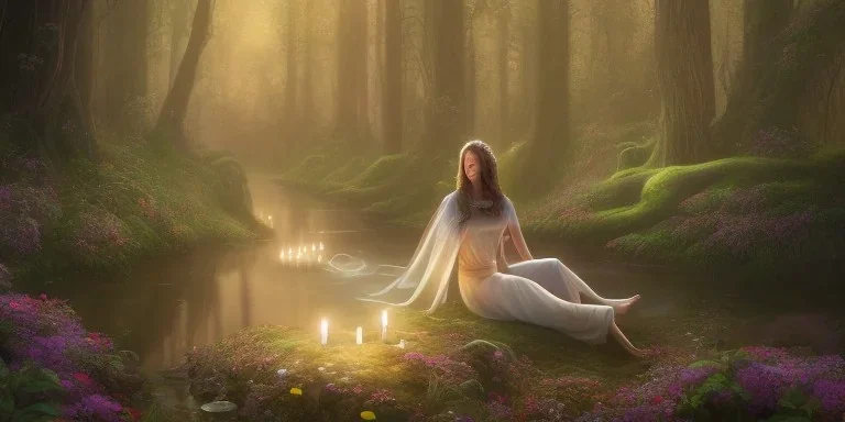 detailed beautiful lady meditating at night with candles in an enchanted forest, fotorealistic, high quality, landscape, 17, chalice well