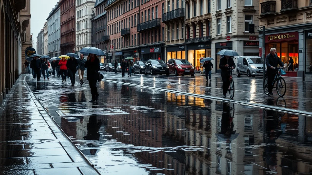 Puddled streets in an old European city on a dark and rainy day. Walkers with umbrellas and some on bicycles are reflected in the puddles