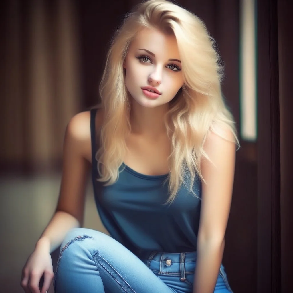 pretty girl, young adult, blonde, conventionally attractive, dreamy, jeans, tight top, sexy