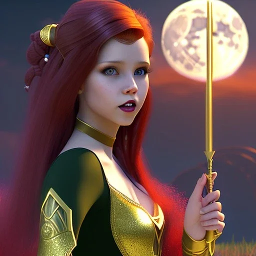 Attractive teenage girl with red hair with golden highlights, who is dressed like a witch casting a spell with a quarterstaff, magic is in the background, green eyes looking at the moon, background is realistic space, goth girl dress, full body portrait, arm colors gradient effect into stars, rendered, unity 3d, unreal engine, dslr, hdr, 4k, edited, photorealistic, normal number of appendages, freckles, artists rendering