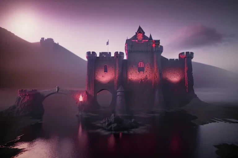 old castle, foggy, lava, drawbridge. surrounded by cliffs, purple