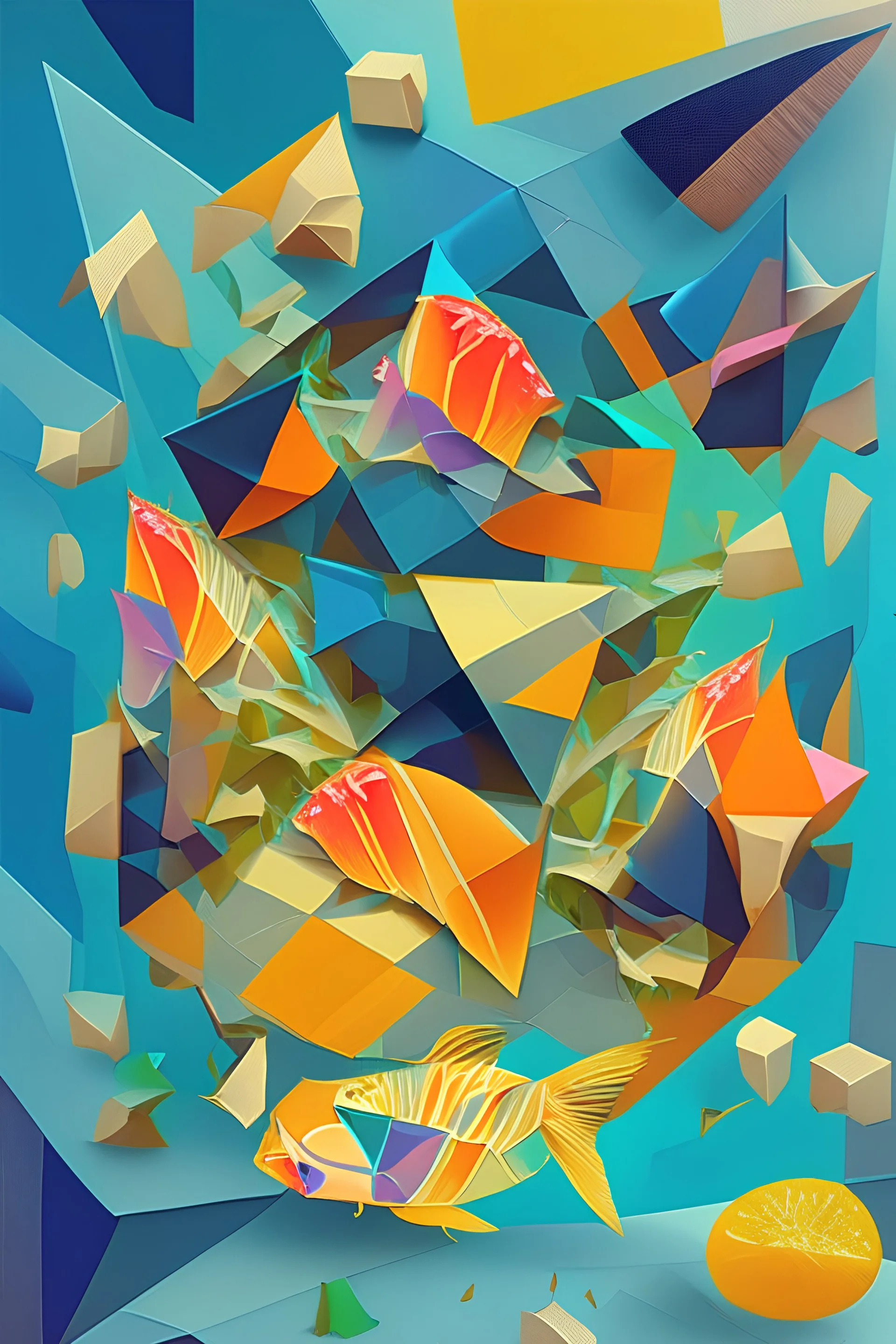 fish and chips, deconstructed, abstract cubist painting, Neo-Cubism, layered overlapping geometry, art deco painting, Dribbble, geometric fauvism, layered geometric vector art, maximalism; V-Ray, Unreal Engine 5, angular oil painting, DeviantArt