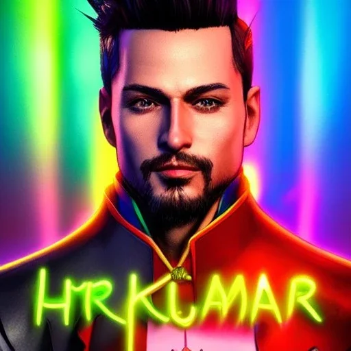 ringleader portrait, front, handsome, Arthur Kulkov headshot, circus, male, Russian, lisa Frank fantasy, detailed matte painting, Yoji Shinkawa Metal Gear portrait, 8k resolution, Golden hour, beeple, neon pastel color palette, interesting detailed storybook fantasy