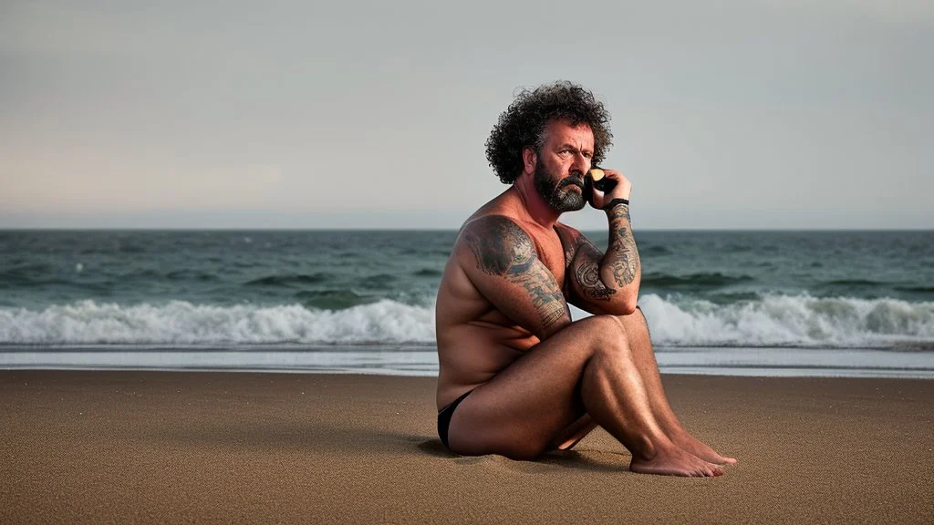 photography of a sicilian baywatcher burly sweat chubby 52 years old , swimwear, manly chest ,tattoo, curly hairs, beard, sitting on a beach chairs at the beach at midnight , illuminated by bonfire, photorealistic, 8k, Canon EOS, 35mm lens, , unreal engine, greg rutkowski, loish, rhads, beeple, makoto shinkai and lois van baarle, ilya kuvshinov, rossdraws, tom bagshaw, alphonse mucha, global illumination, detailed and intricate environment