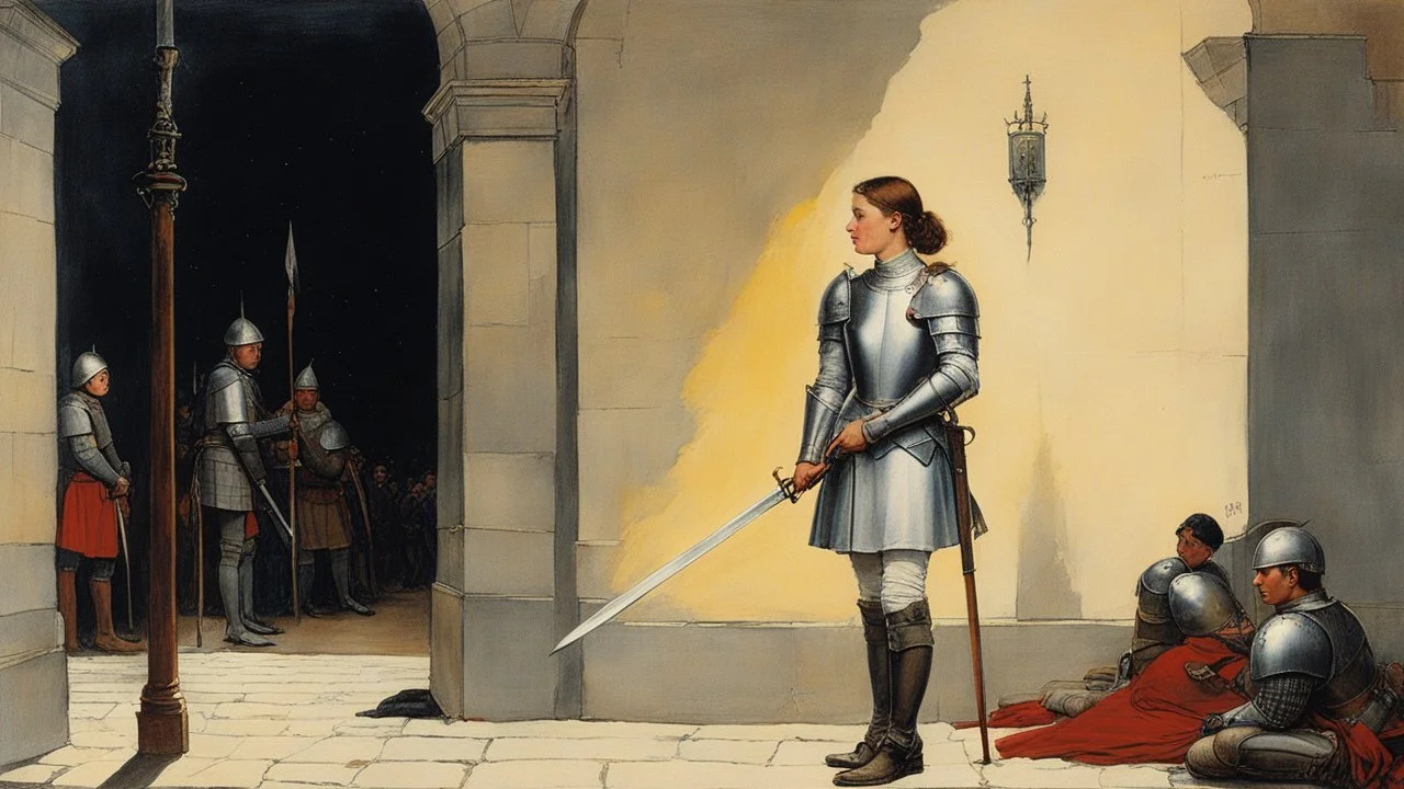 [art by Norman Rockwell] at nightfall: lonely youthful Joan of arc in her armour in the courtyard of the Royal Court in Chinon for an audience with Charles, the King of France at the age of 17. the guards open the gates of the city