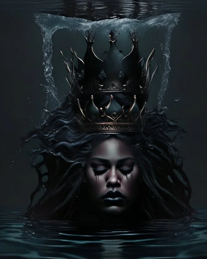 queen of darkness drowning in water with a crown, queen with her back, hair hiding face