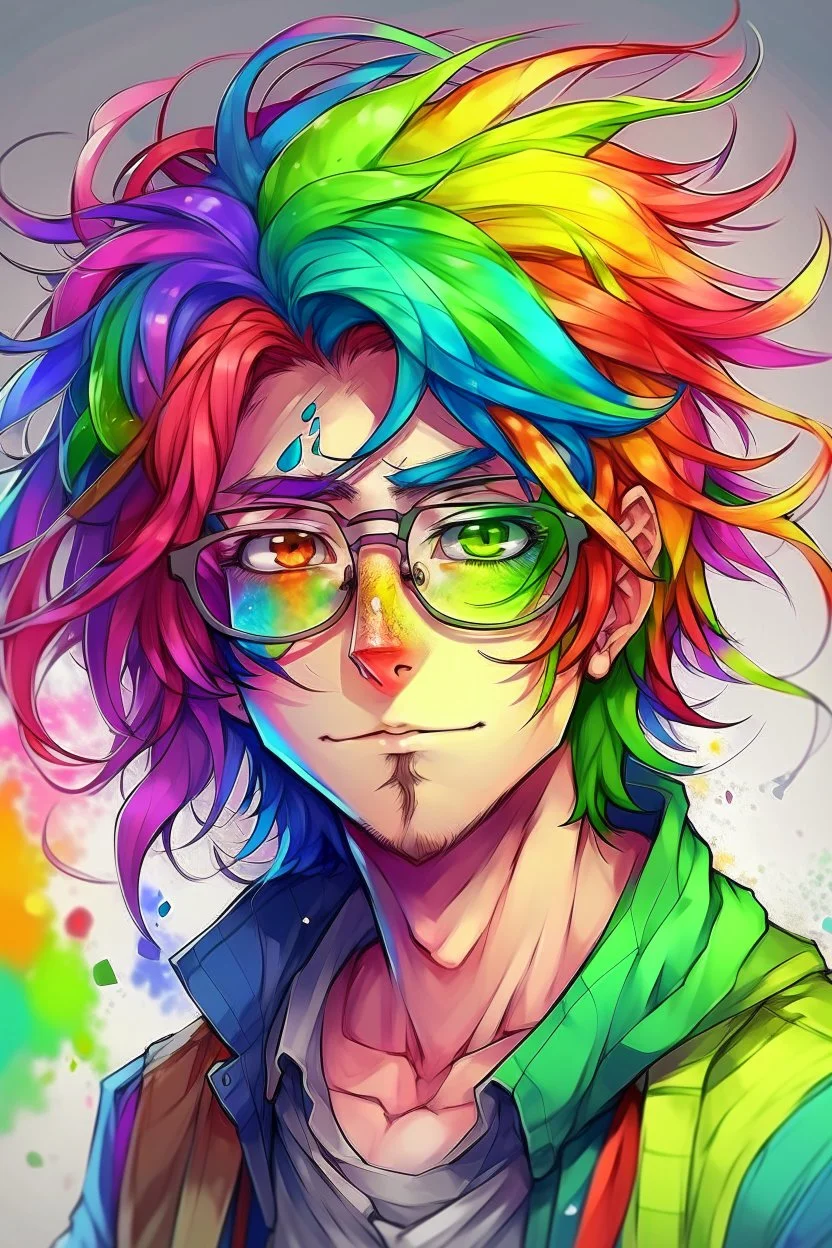 Anime man with glasses, messy rainbow hair,