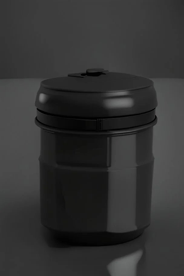 black container, plastic, realism, with screw lid, no labels, round container, kickforce view, dark studio setting