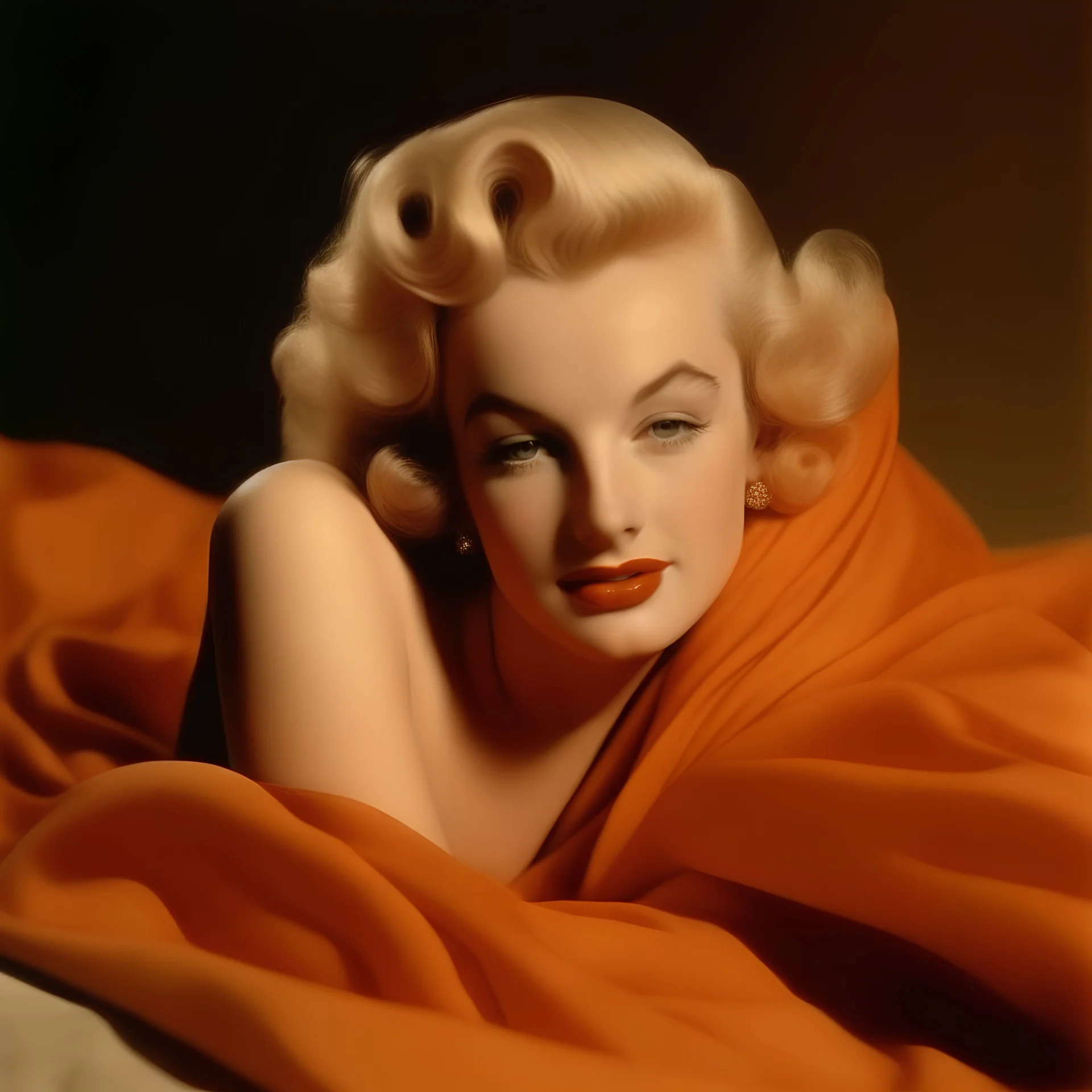 A photograph of marilyn monroe, childish face, eyes half closed, with bed hair, melancholy, no make up, in the style of milton greene, pale orange silk scarf around her shoulders,beige bacground