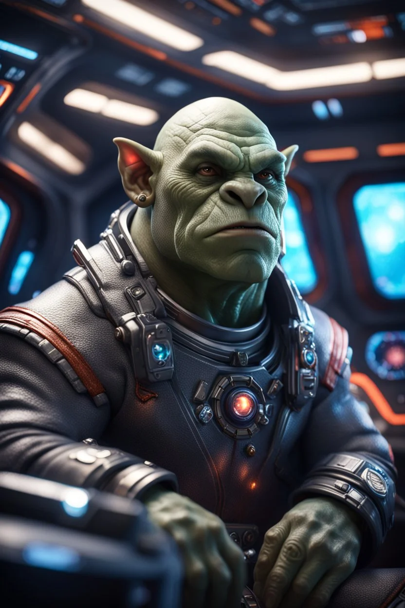 pen outline, really macho pimp orc seal captain that go hard sitting in space station cockpit , in front of space portal dimensional glittering device, bokeh like f/0.8, tilt-shift lens 8k, high detail, smooth render, down-light, unreal engine, prize winning