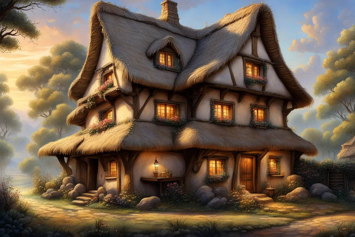 An image depicting a picturesque, richly detailed traditional thatched house with a rustic charm, similar to the work of masters such as Josephine Wall or Tomasz Alen Kopera. The house should have a warm white facade with visible texture, perhaps reminiscent of a plaster finish, and a thick straw-colored thatched roof with signs of natural weathering, as well as a couple of distinctive, textured chimneys with red tiles and white tops. The house should feature small, symmetrical windows with a cl