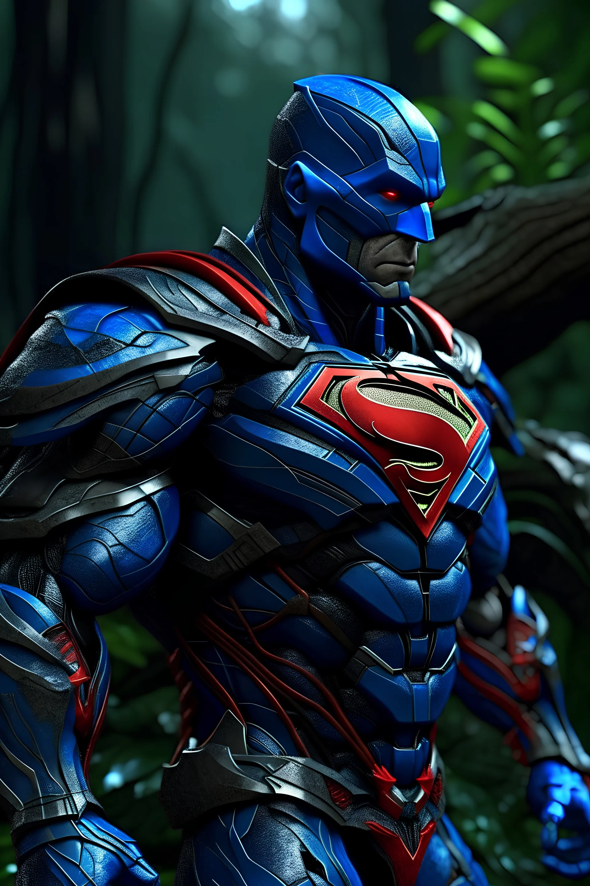 Superman zed in nanosuit, jungle, (Armored Blue skin cracked:1.4), hdr, (intricate details, hyperdetailed:1.16), whole body, piercing look, cinematic, intense, cinematic composition, cinematic lighting, color grading, focused, (dark background:1.1), hdr, hd