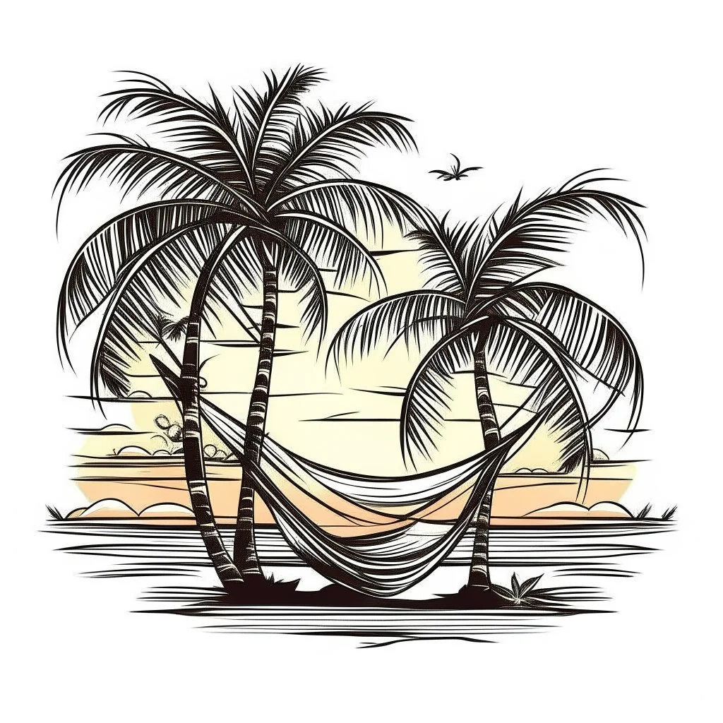 A palm tree and hammock, tropical, tranquil, sunset lighting, T-shirt design graphic, vector, contour, white background