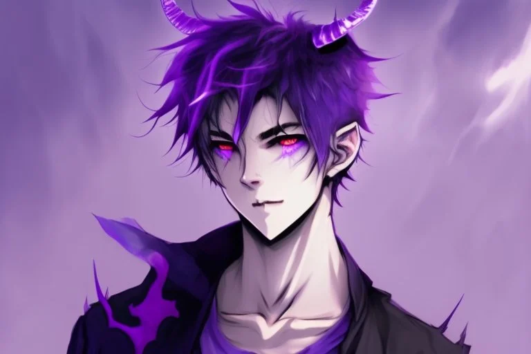 Young anime man with demon horns, fangs, messy purple hair and blue eyes