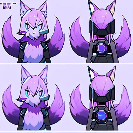 a fox fursona, furry, fursona, fursona reference sheet, high quality, 8k, fox tail, winged, fur, anthropomorphic, master quality, cyberpunk, backlighting, soft lights, black and purple color pallet