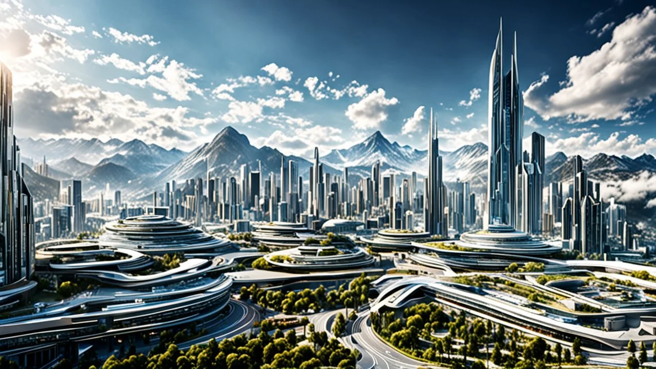 high-quality, futuristic extremely detailed photograph, a cityscape in the year 2050, with advanced technology seamlessly integrated into the architecture and lifestyle of the inhabitants, award-winning photograph, beautiful composition, mountains, clouds, clear atmosphere, perfect focus, 35mm lens, adjust perspective, beautiful photograph