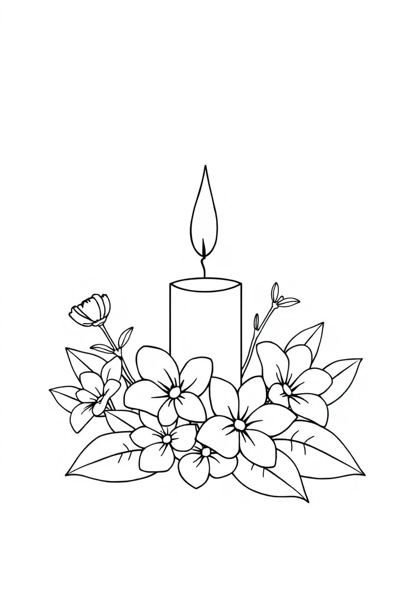 outline art for square Heart Candle Plumeria Ikebana style coloring page for kids, classic manga style, anime style, realistic modern cartoon style, white background, sketch style, only use outline, clean line art, no shadows, clear and well outlined
