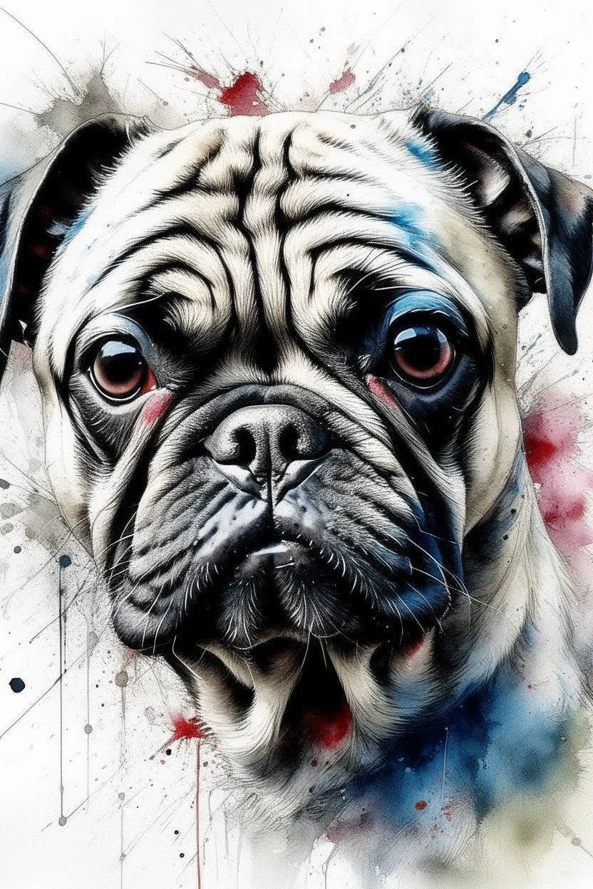 A portrait of a pug by Agnes Cecile by Willem Haenraets, loose watercolour, pastel, chalk, wet on wet and splattering techniques, centred, perfect composition, abstraction,