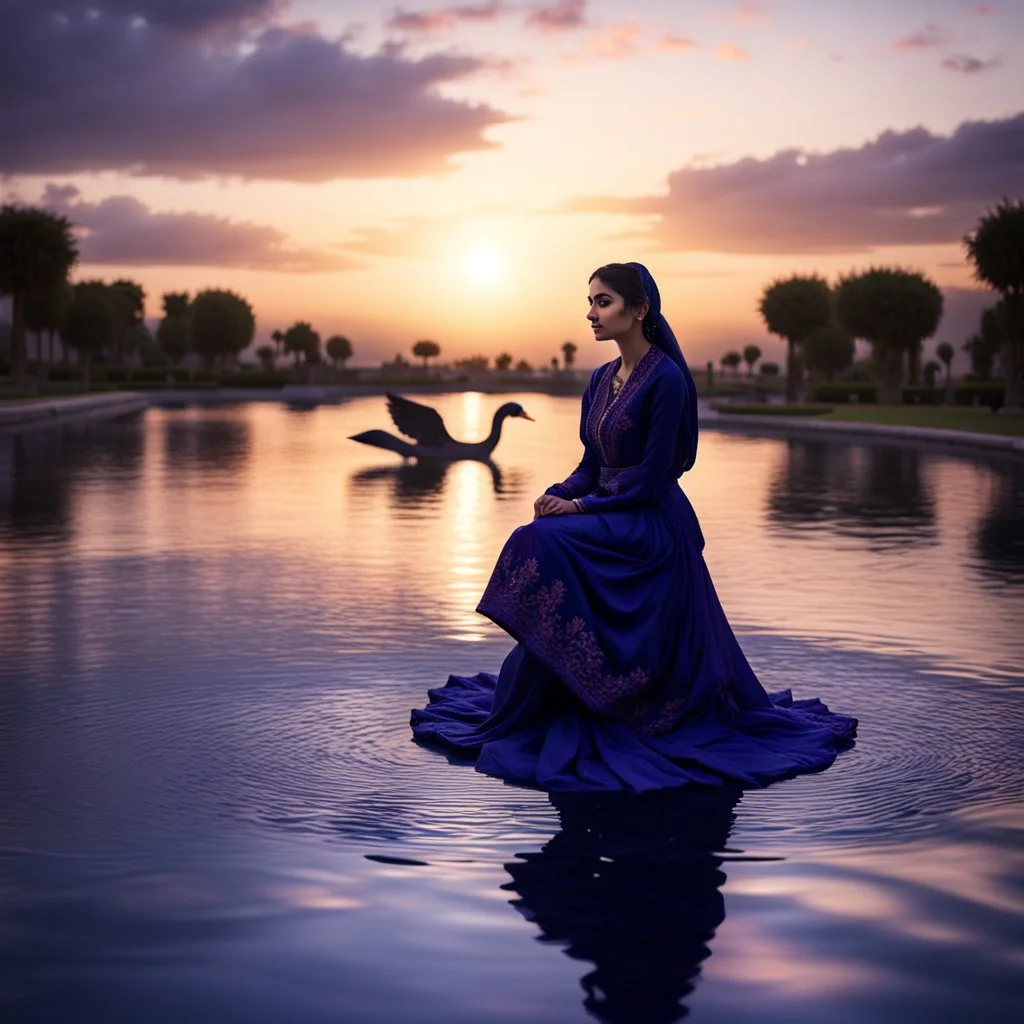 Hyper Realistic Photographic Zoomed Silhouette View Of A Beautiful Young Pashto Woman wearing navy-blue-embroidered-dress-with-purple-shawl happily-sitting on the surface of a fancy-water-fountain & a swan swimming on the surface of water at cloudy sunset showing dramatic & cinematic ambiance.