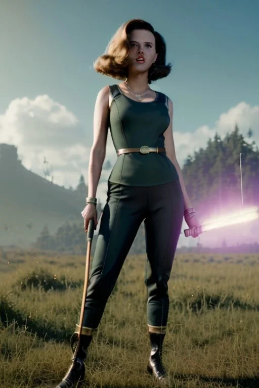 retro portrait image from 1960, explosion background, wind, long hair, young Scarlett Johansson, classic black tight lycra suit, metal stick weapon, gold bracelet and belt, high heel boots, soft color, highly detailed, unreal engine 5, ray tracing, RTX, lumen lighting, ultra detail, volumetric lighting, 3d, finely drawn, high definition, high resolution.