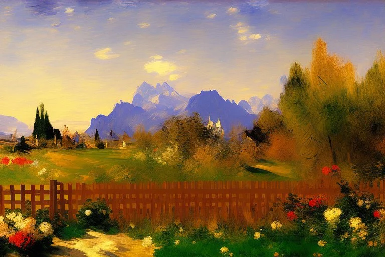 Sunny day, distant mountains, fence, edouard manet impressionism painting