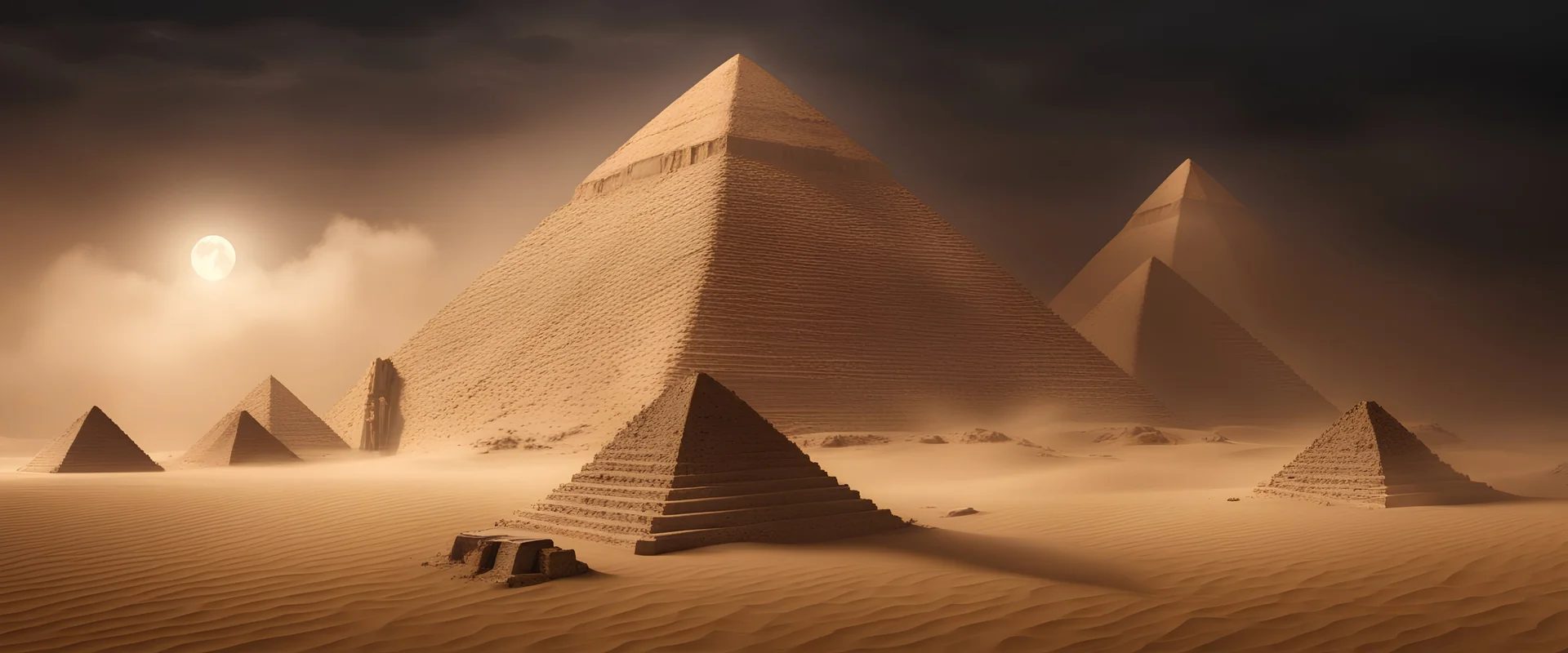 Hyper Realistic haunted view of statue of Egyptian Pyramids with sandstorm at dark night with pharaoh coffins