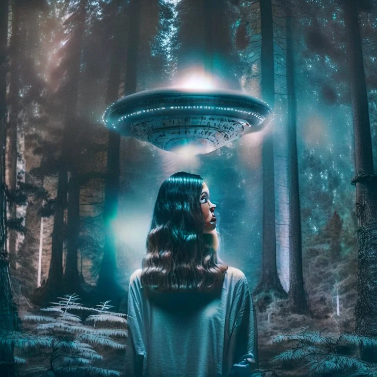 photo of a young woman in a dark forest looking at a UFO in the sky dark tones