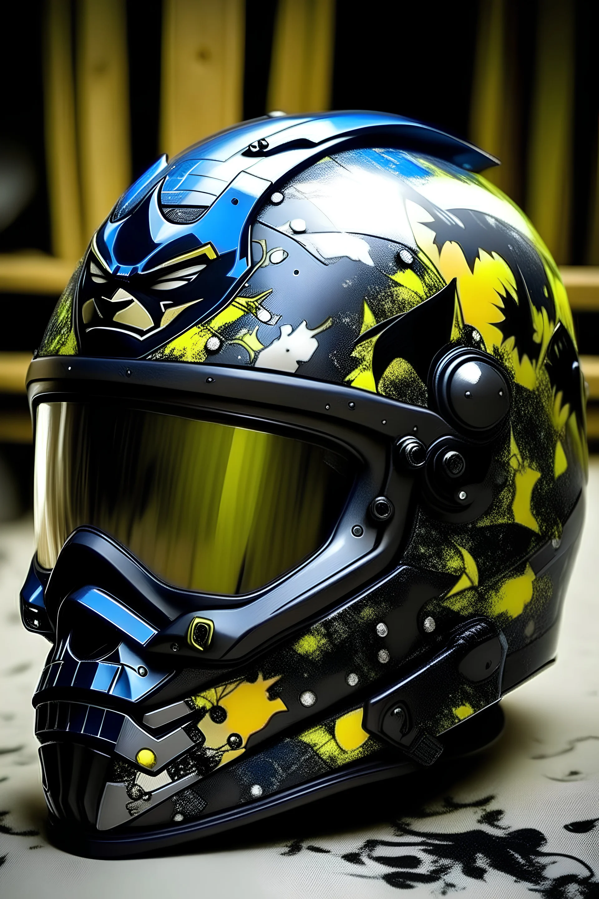 motorcycle helmet, comics picture batman on helmet, bat, flakes dye