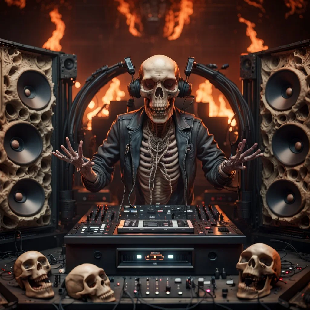 DJ of the damnded, insanely detailed DJ booth in hell, MID set, speakers and equipment made of bone, anatomically correct, add more skulls in th audience, photorealism, vray, 8k 3d