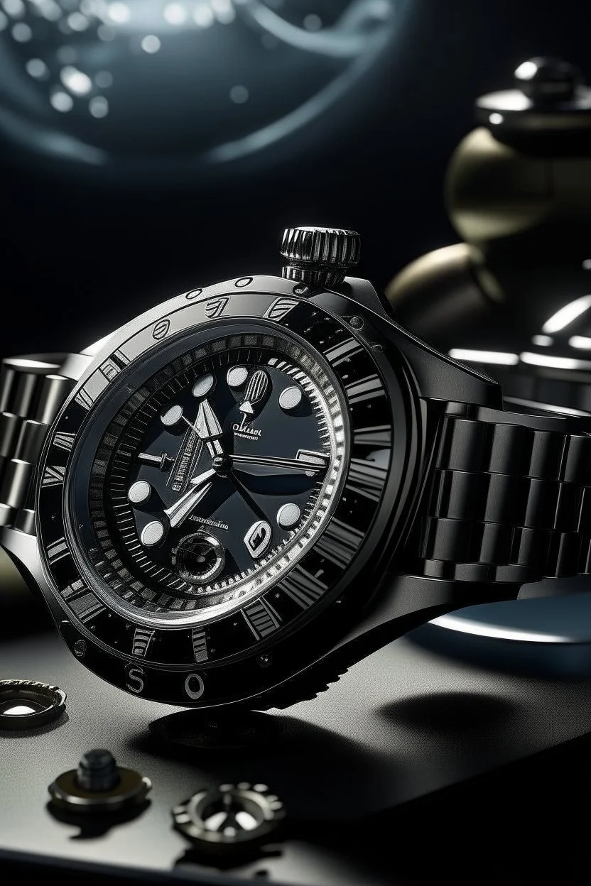 Create a visually striking scene of a Cartier Diver watch placed on a stable.cog, surrounded by elements that evoke a sense of precision and reliability, with attention to shadows and reflections."