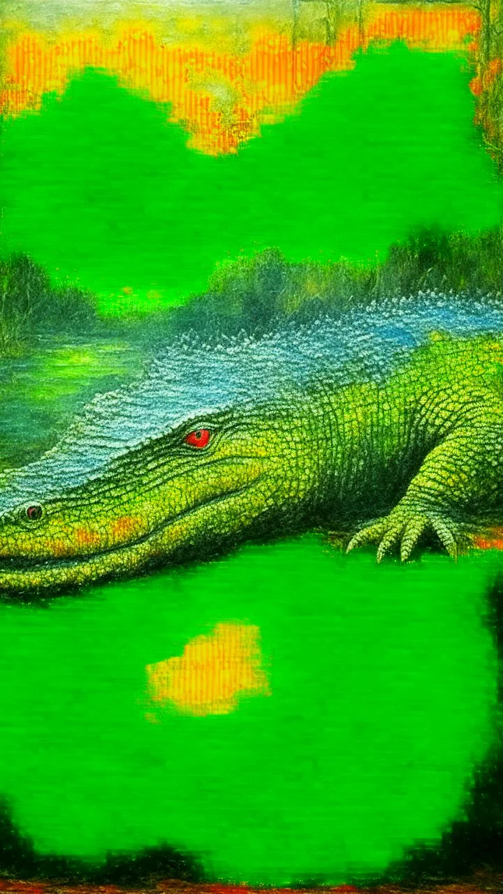 Green mystery lake, large crocodile, painting