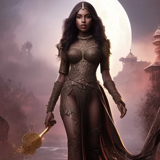 fantasy setting, insanely detailed, dark-skinned woman, indian, black wavy hair, magician,