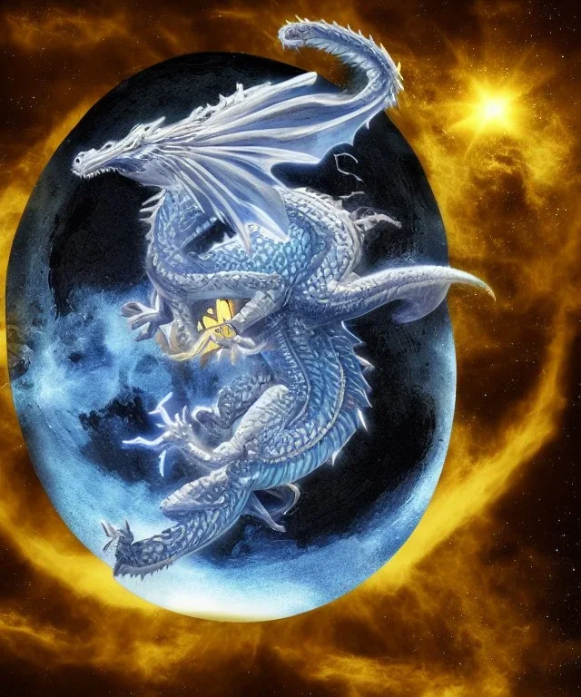 Celestial dragon hatching from the moon