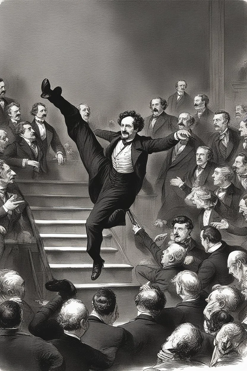 llustrate John Wilkes Booth leaping from the president's box onto the stage, shouting "Sic semper tyrannis." Capture the commotion and panic in the aftermath of the assassination. Depict Booth's swift escape through a side door, disappearing into the darkness