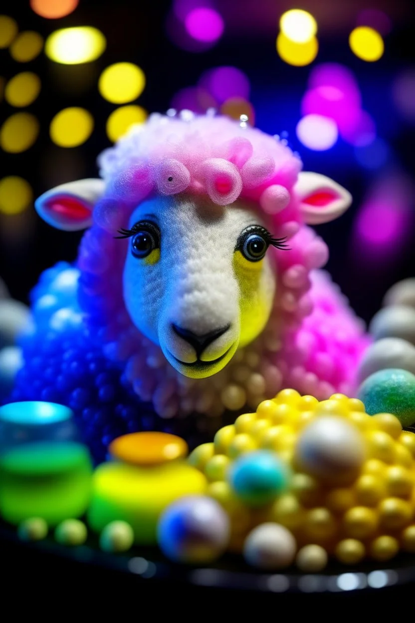 portrait of glittery twinkly haired twisted laminated sheep on a yoga space ship made of ice cream, smiling with beautiful shiny ears, each inside a pile of transparent jelly bubbles of weird colors with insect aliens inside, disco egg made of small mirror, light rayz, feast table ,shot on Hasselblad h6d-400c, zeiss prime lens, bokeh like f/0.8, tilt-shift lens 8k, high detail, smooth render, down-light, unreal engine, prize winning