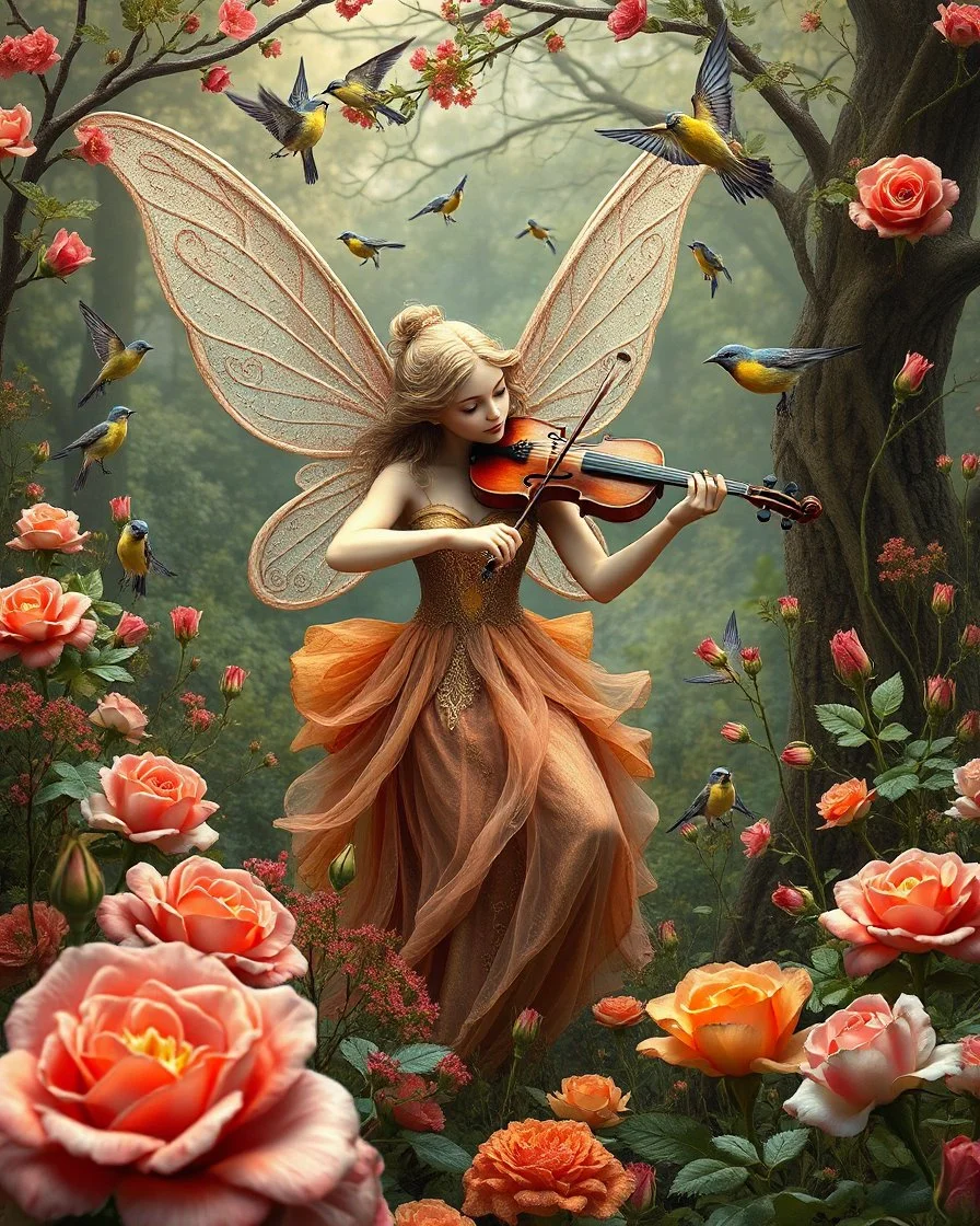 Gorgeous Photography Beautiful Fairy playing violinist in Wild garden,flower,birds surrounding,fractal ornamentation, over detailed, gloriously full and confusing, nothing that really exists, everything made up, fantasy world, sweet briar, photography graphic art, song birds, ochre rose,rose buds, dewy morning, forest of oaks