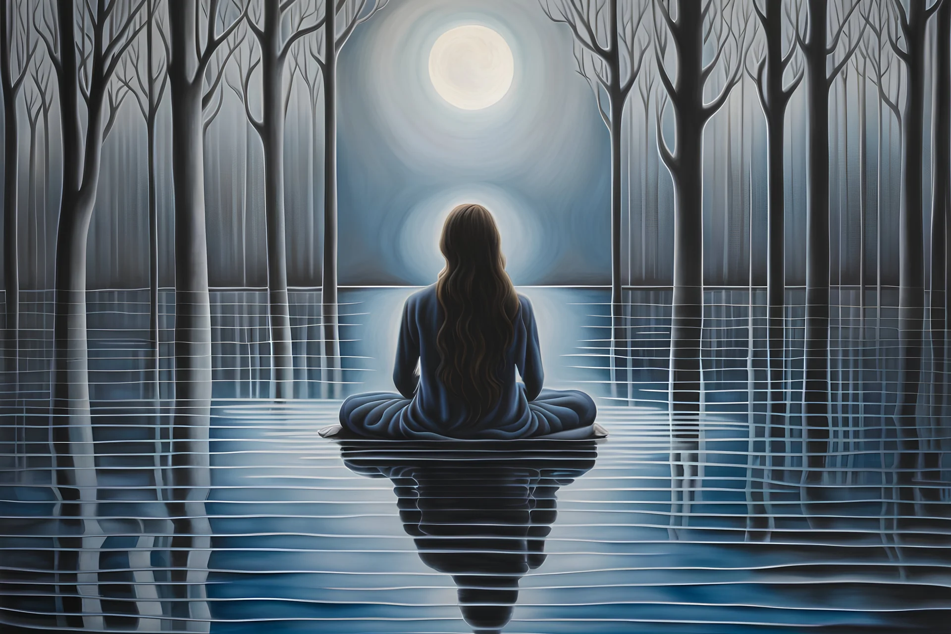 shadows on the water haunting scene reflections and illuminations in the style of alex grey with black, white, grey, and hints of blue