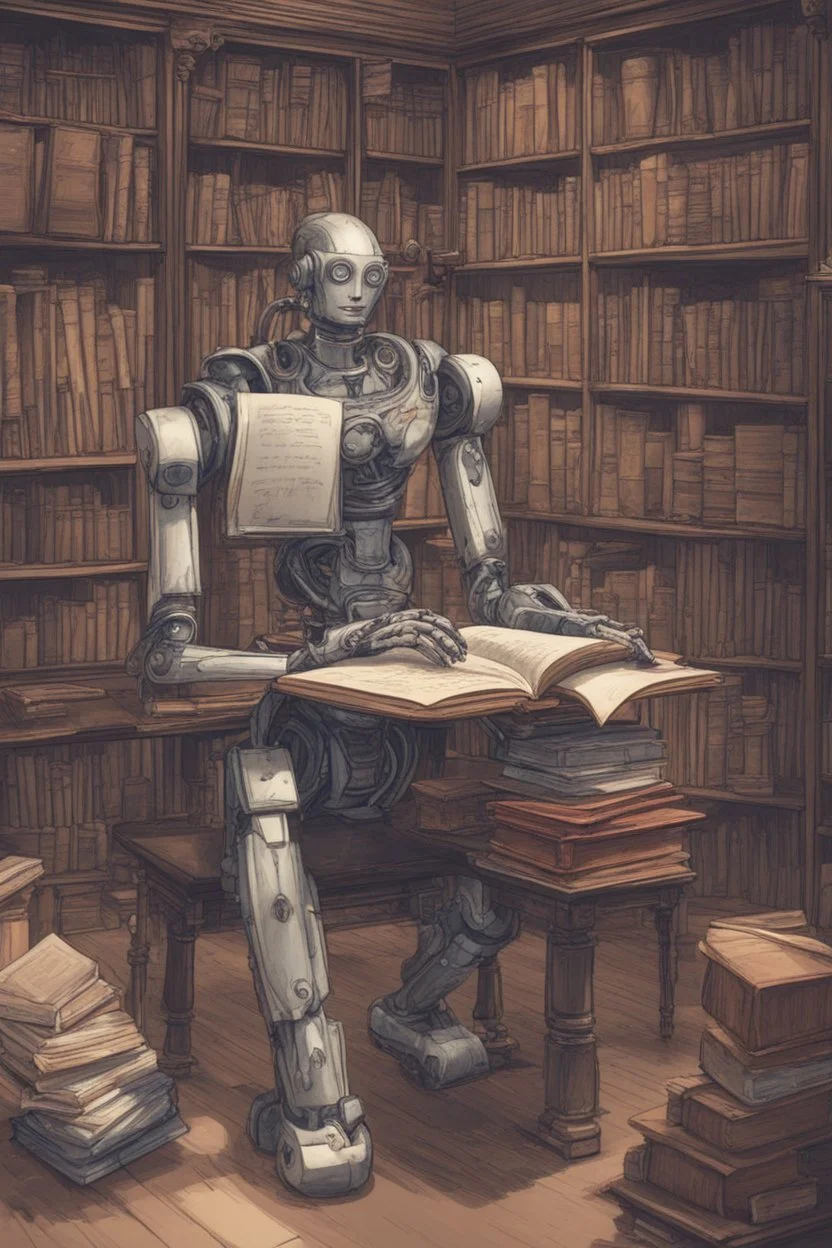 A huge library is serviced by computers, and there are many books on the shelves. The robot is sitting on a chair at the table and holding an antique book in his hands. Expression. High-quality drawing, 8K