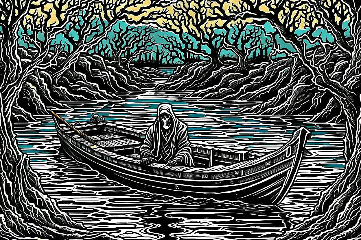 on the dark river in a boat the crepy boatman is the death goes for the souls of the dead people, surreal style, dark colors, strange landscape, detailed, sinister, depressive, surreal style crepy stunning