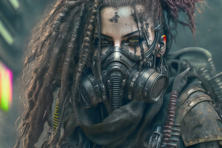 front facing full length grunge armored female, dreadlock hair cyberpunk vampire mercenary with gas mask, highly detailed with gritty post apocalyptic textures, finely detailed facial features, photorealistic 8k render
