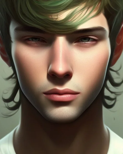 boy, cute, young, brown hair, green eyes, short hair, close up, head and shoulders portrait, head and shoulders portrait, 8k resolution concept art portrait by Greg Rutkowski,