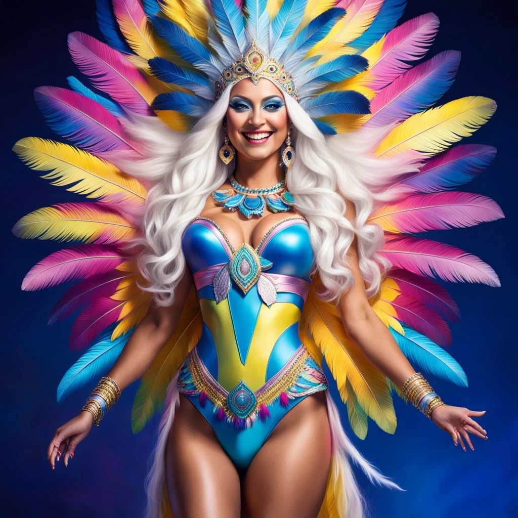 photorealistic full body portrait of a beautiful smiling amazonian carnival goddess with long parma white hair, colorful feathers tight hips with a tron like body suit in a cosmic surounding only blue , pink and yellow