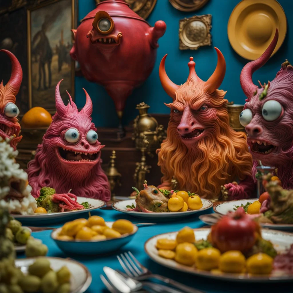 Close-up shot of ultra realistic odd monsters dining, vivid, ultra realistic, Yves Tanguy, hypermaximalist figures, light, Italian 1970's odd movie, plastic, hilarious, Minicavio Quollati style, photography by Marlost Endgulp, ornate, 4k, photorealism, impressionism, Yves Tanguy