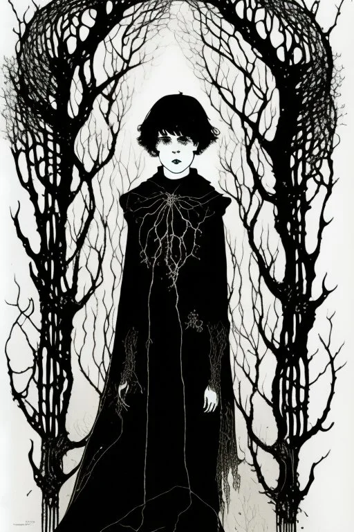 7 year old boy, friendly, looks dead, with weird mushrooms growing out of him, wearing black robes, in the style of Harry Clarke