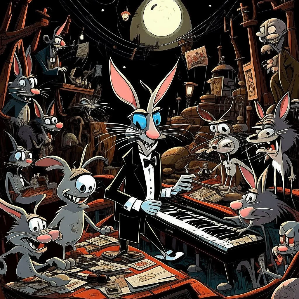 dark colours bugs bunny being a composer piano violin and is surrounded by swarm pig pig swinewasp swine pigpen pigsty on an diffrent planet cosmos lovecraft