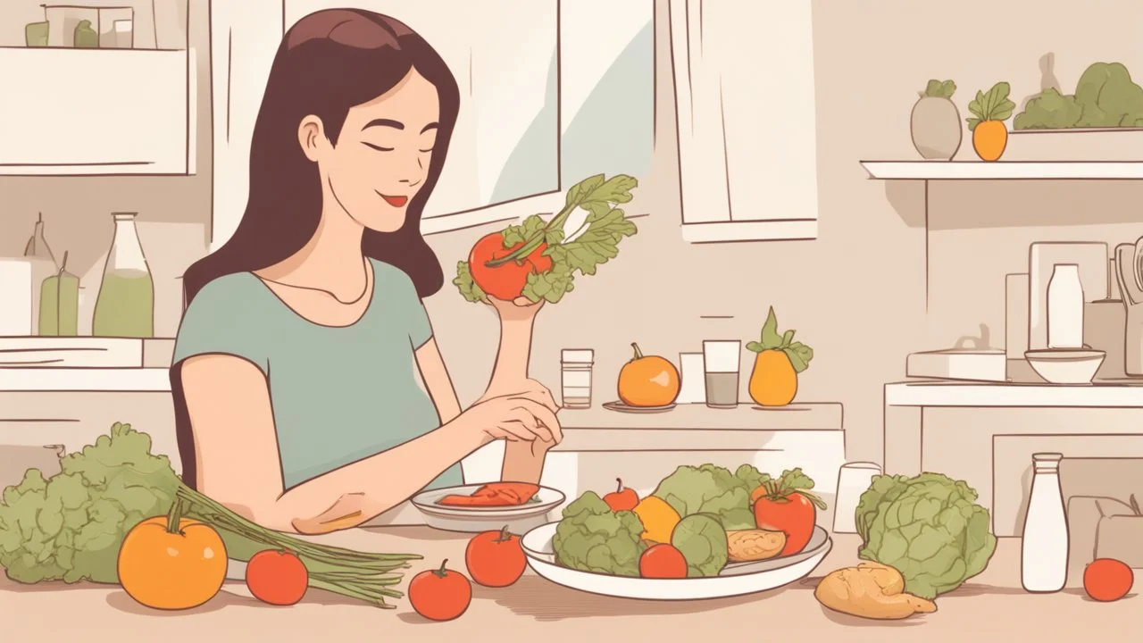 A picture of a person eating a healthy meal full of fruits and vegetables, reflecting the trend towards healthy nutrition to prevent cancer and obesity.